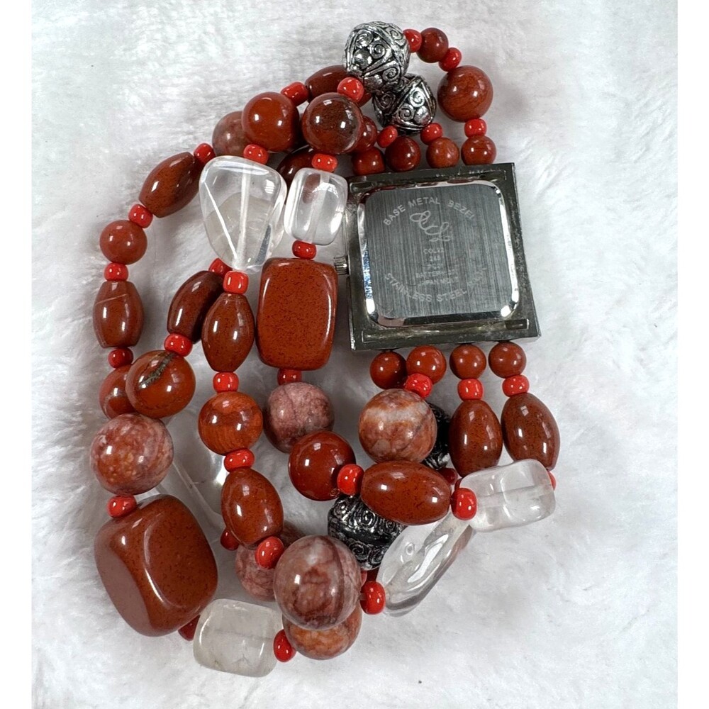 Chunky Boho Beaded Bracelet Watch Colleen Lopez Crystal Bezel Red Jasper Quartz - Picture 5 of 15